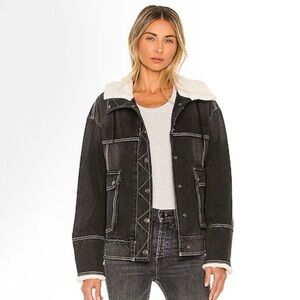 Free People We The Free Ariel Cozy Denim Bomber Jacket Washed Black Medium